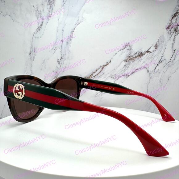 New GUCCI Sunglasses Brown Cat Eye Round Red Green Web Arms Gold GG Womens main image 6